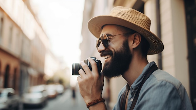 Um homem com uma câmera e óculos de sol está sorrindo e está usando um chapéu e óculos de sol.