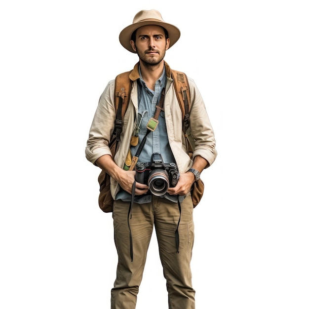 Um homem com uma câmera e um chapéu está parado na frente de um fundo branco.