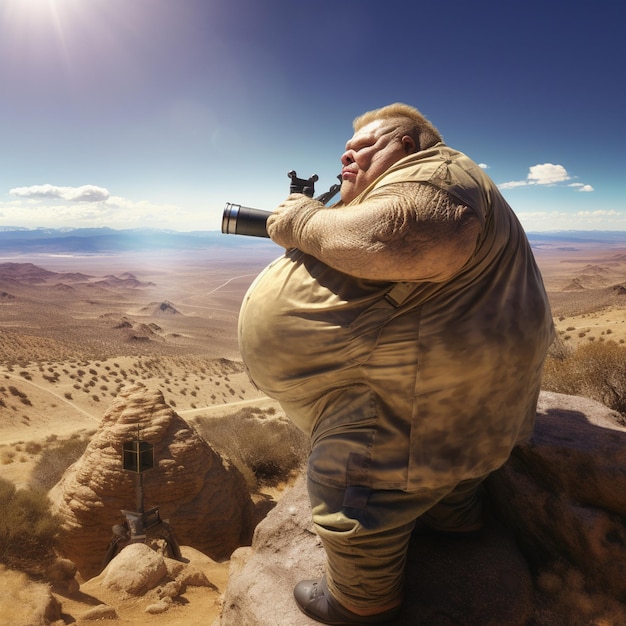 um homem com uma câmera está tirando uma foto de uma paisagem desértica.