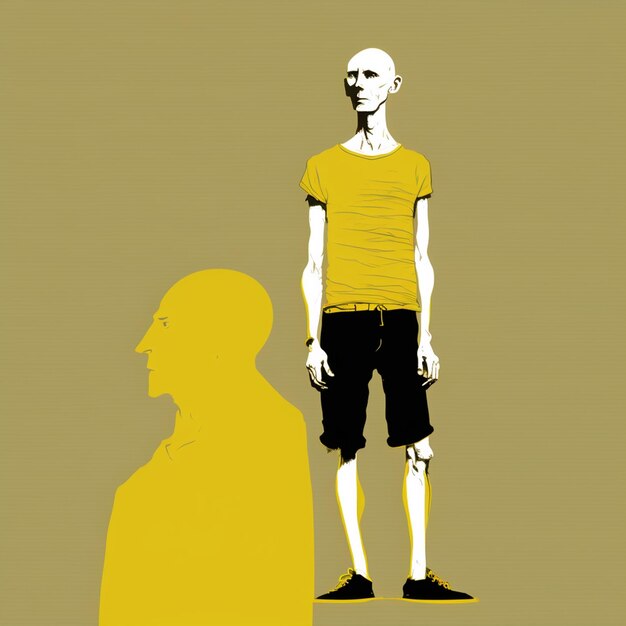 Foto um homem com uma camisa amarela e shorts fica na frente do rosto de um homem.