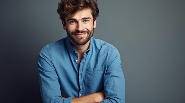 Um homem com uma camisa azul que diz 'eu sou um homem'