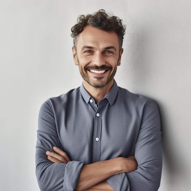 Um homem com uma camisa azul que diz 'eu sou um homem'