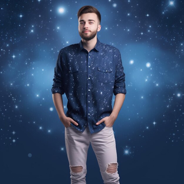 Um homem com uma camisa azul que diz 'eu sou uma estrela'