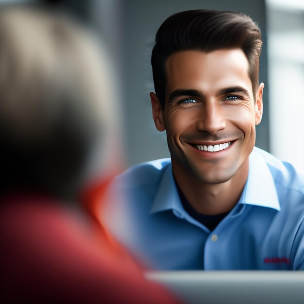 Um homem com uma camisa azul que diz na frente