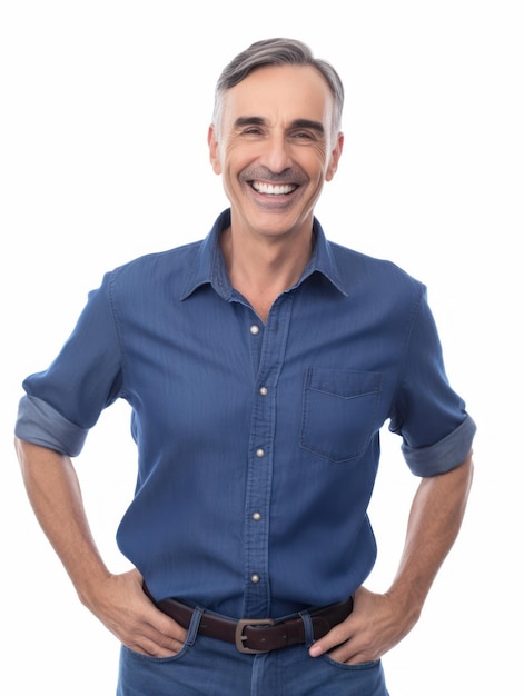 Foto um homem com uma camisa azul que diz 'o homem está sorrindo'