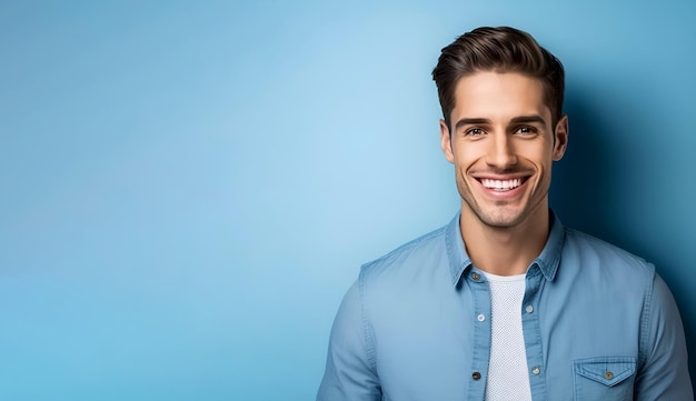 Um homem com uma camisa azul que diz 'sorrir' nela