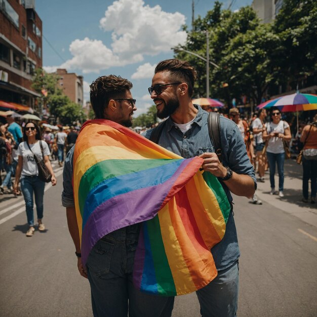 Foto um homem com uma camisa colorida de arco-íris está segurando uma bandeira colorida