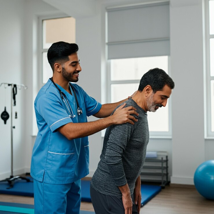 Foto um homem com uma camisa que diz médico na parte de trás de sua camisa
