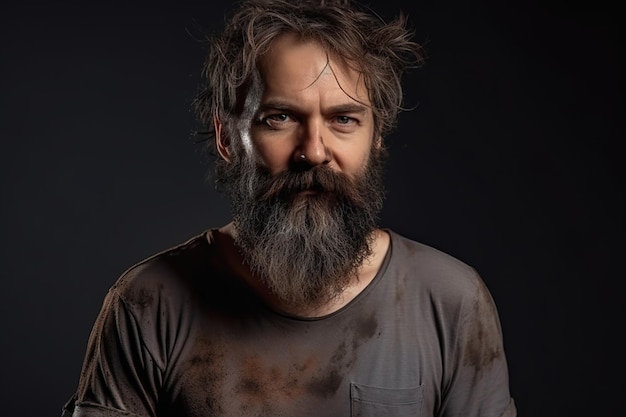 Um homem com uma camisa suja e barba fica na frente de um fundo escuro