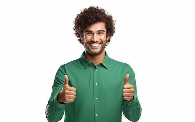 Um homem com uma camisa verde dando o polegar para cima em um fundo branco.