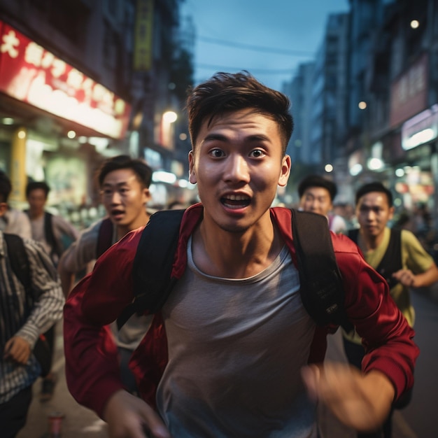 um homem com uma camisa vermelha e uma camisa vermelha está correndo pela rua.