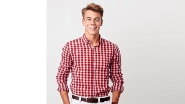 Um homem com uma camisa xadrez vermelha e branca