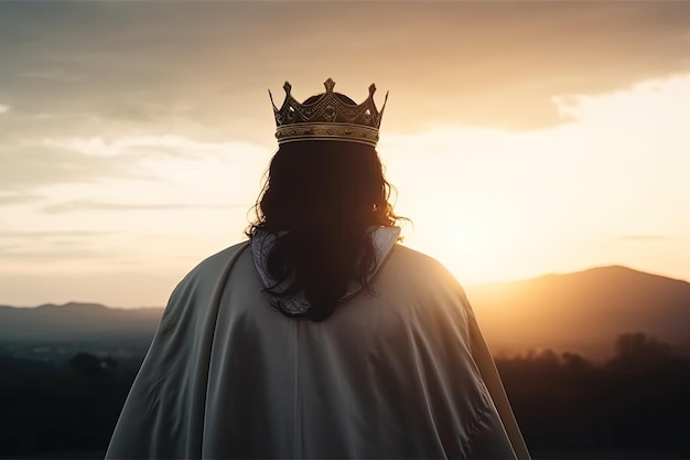 Um homem com uma coroa fica na frente de uma montanha ao pôr do sol.