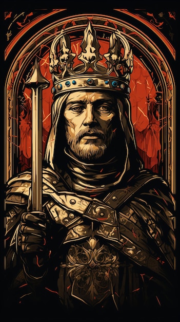 um homem com uma coroa segurando uma espada