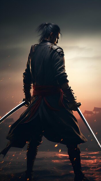 Foto um homem com uma espada de pé na frente de um pôr-do-sol ai gerado