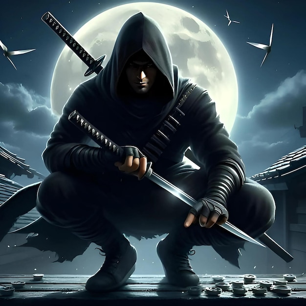 Foto um homem com uma espada e a lua atrás dele.