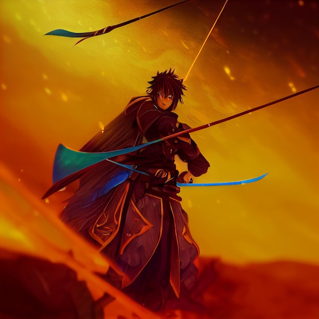Um homem com uma espada e uma capa está parado em um deserto com um fundo de fogo.