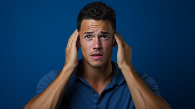um homem com uma expressão facial triste confuso segurando a cabeça em um estúdio de fundo azul