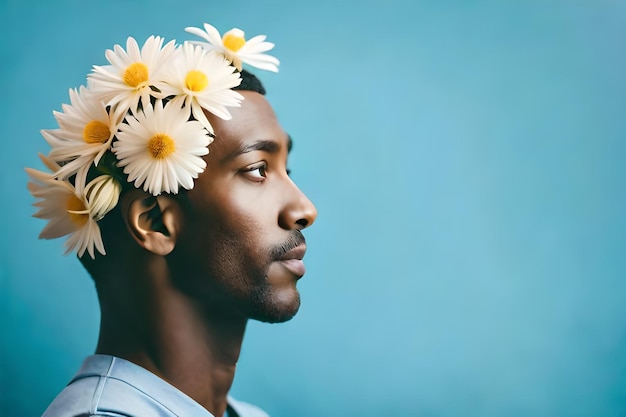 Um homem com uma flor no cabelo