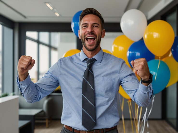 Foto um homem com uma gravata e uma camisa que diz "feliz"