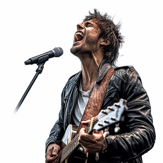 Um homem com uma guitarra está cantando em um microfone.
