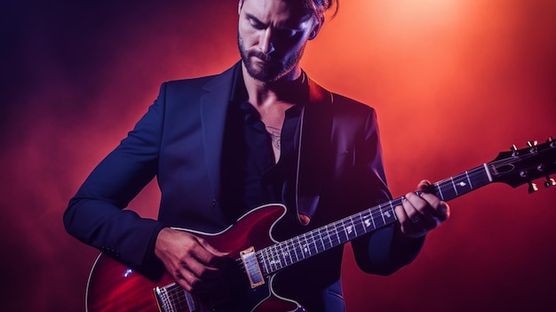 Um homem com uma guitarra está tocando uma guitarra.