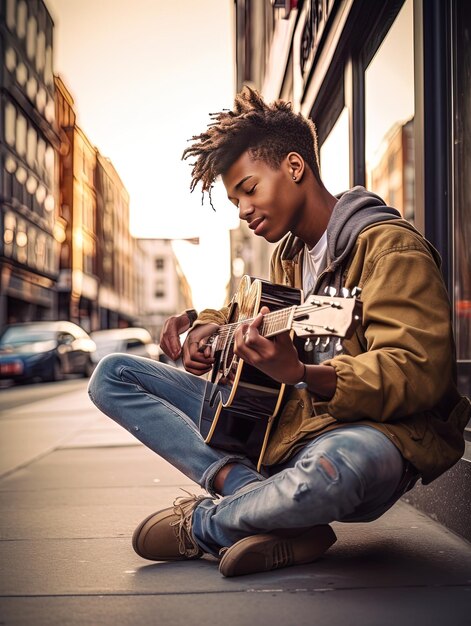 um homem com uma guitarra sentado na calçada