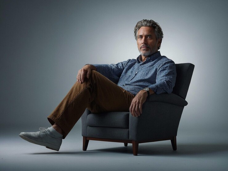 Foto um homem com uma impressão sentado com as pernas estendidas e a_0