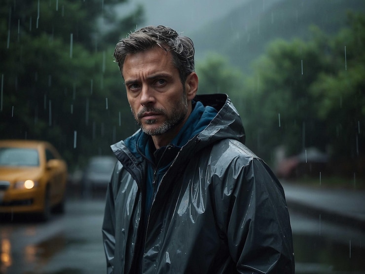 Foto um homem com uma jaqueta de chuva braços nos lados com um ligeiro h_3