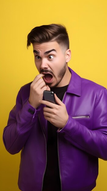 Um homem com uma jaqueta de couro roxa está segurando um telefone e parece surpreso.