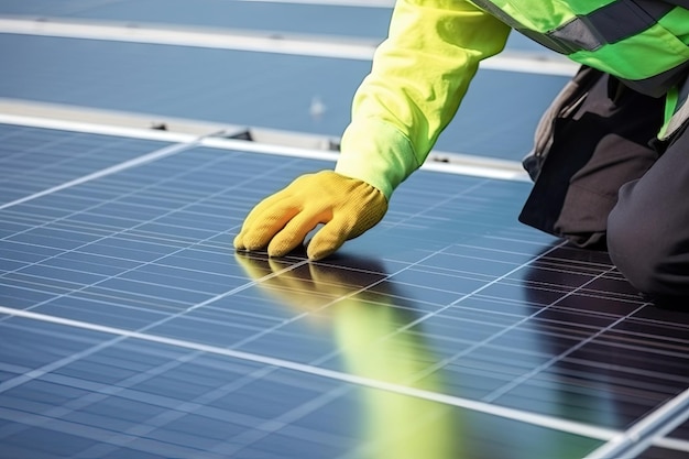 Foto um homem com uma jaqueta de segurança amarela e luvas amarelas ajusta um painel solar em um telhado.