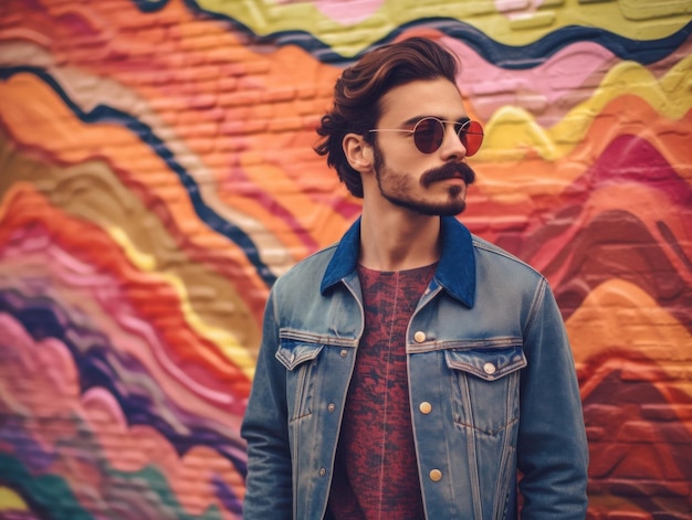 Foto um homem com uma jaqueta jeans parado em frente a uma parede colorida imagem generativa de ia