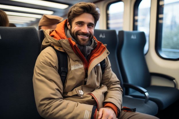 um homem com uma jaqueta laranja sentado em um trem