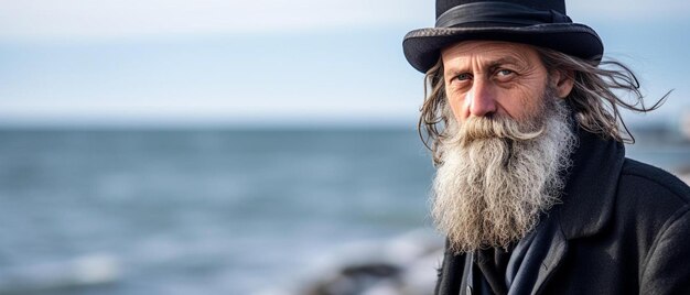 um homem com uma longa barba branca e um chapéu preto