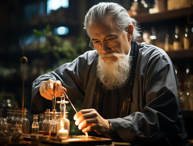 Foto um homem com uma longa barba branca trabalha num laboratório.