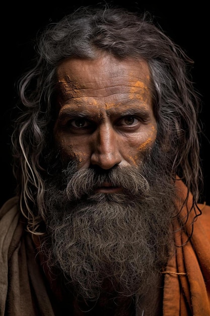 Foto um homem com uma longa barba e tinta laranja no rosto