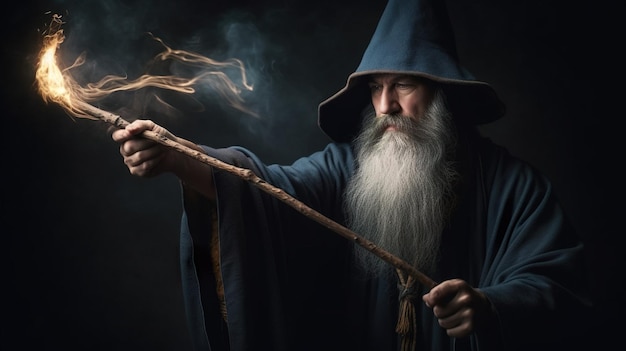 Um homem com uma longa barba e um chapéu com uma longa barba segura uma varinha mágica.