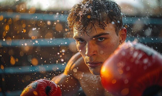 um homem com uma luva de boxe vermelha na chuva