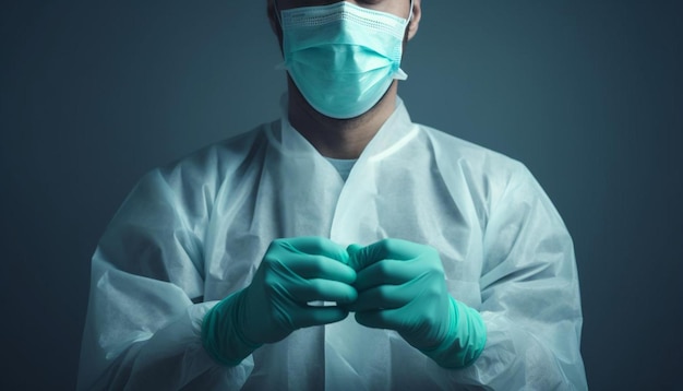 um homem com uma máscara cirúrgica e uma luva verde nas mãos