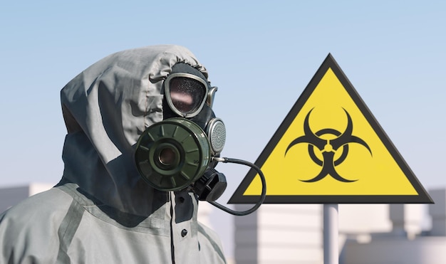 Foto um homem com uma máscara de gás e um traje químico sinal de risco biológico em segundo plano