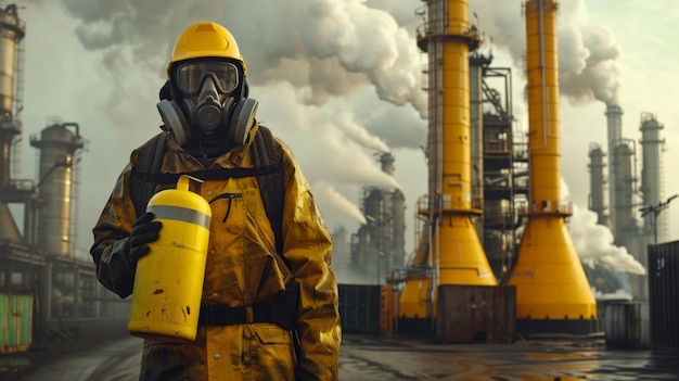 Foto um homem com uma máscara de gás está em frente a uma fábrica com um capacete amarelo e máscara de gas