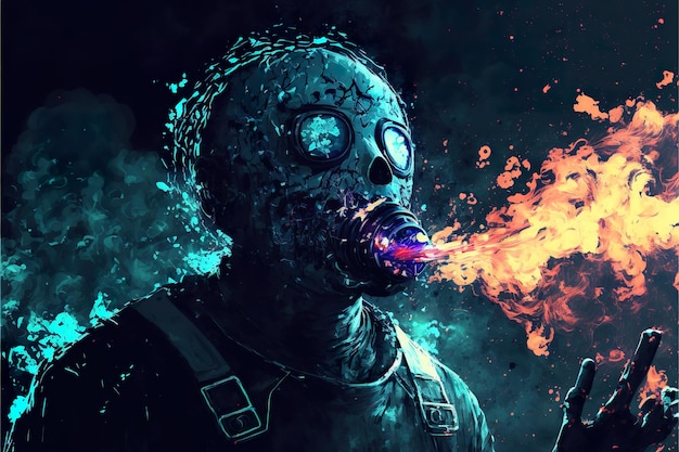 Um homem com uma máscara de gás está em um incêndio ardente