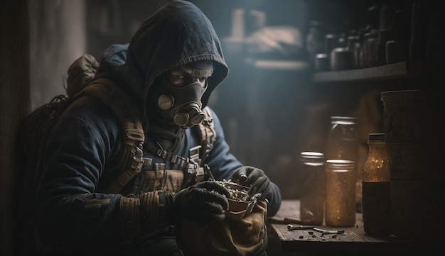 Foto um homem com uma máscara de gás está sentado em uma sala escura com uma jarra de metal e uma lata de metal.