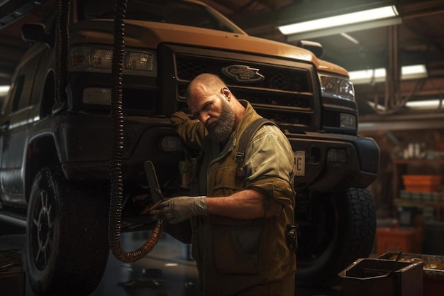 um homem com uma máscara de gás fica ao lado de um caminhão com uma bomba de gasolina ao fundo.