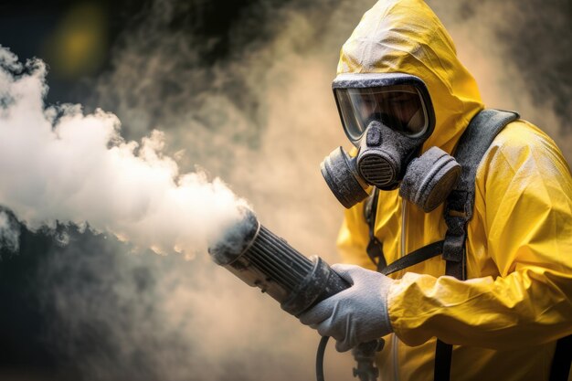 Foto um homem com uma máscara e roupas de proteção pulveriza gás venenoso