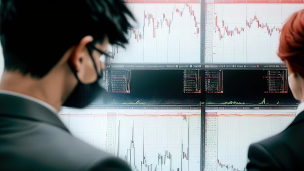 Um homem com uma máscara olha para uma tela de computador com um gráfico do mercado de ações.