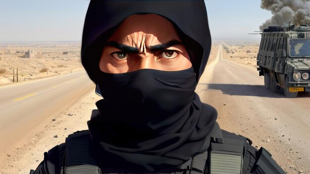 Foto um homem com uma máscara preta e bandana preta está parado na frente de uma estrada.