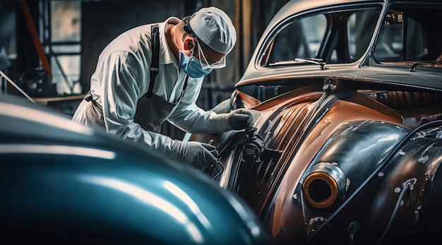 Um homem com uma máscara trabalha em um carro antigo.