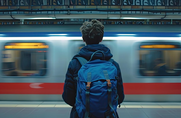 Um homem com uma mochila azul está na frente de um trem de metrô