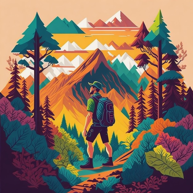 Foto um homem com uma mochila caminha em uma floresta com montanhas ao fundo.